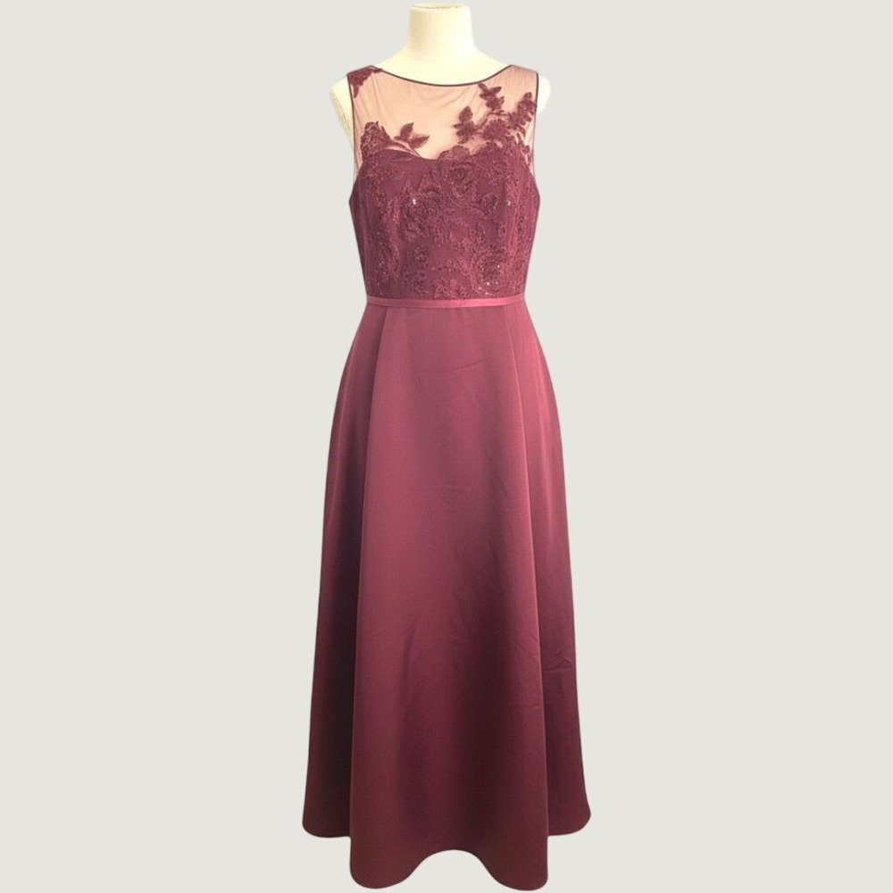 Oleg Cassini Burgundy Lace Illusion Bodice Formal Evening Gala Gown Dress 14